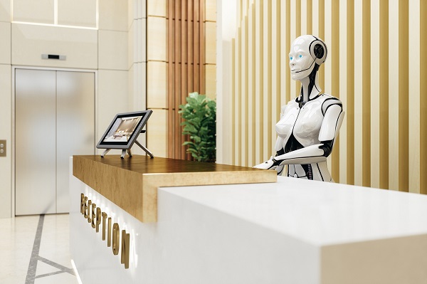 Robot pictured standing at virtual reception desk
