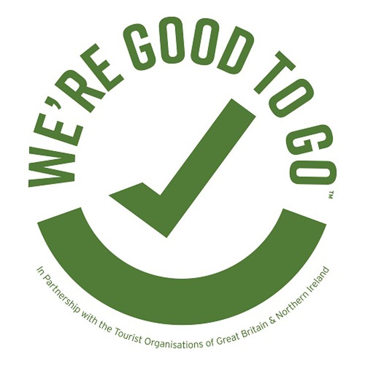 "We're Good to Go" logo - green writing on white background