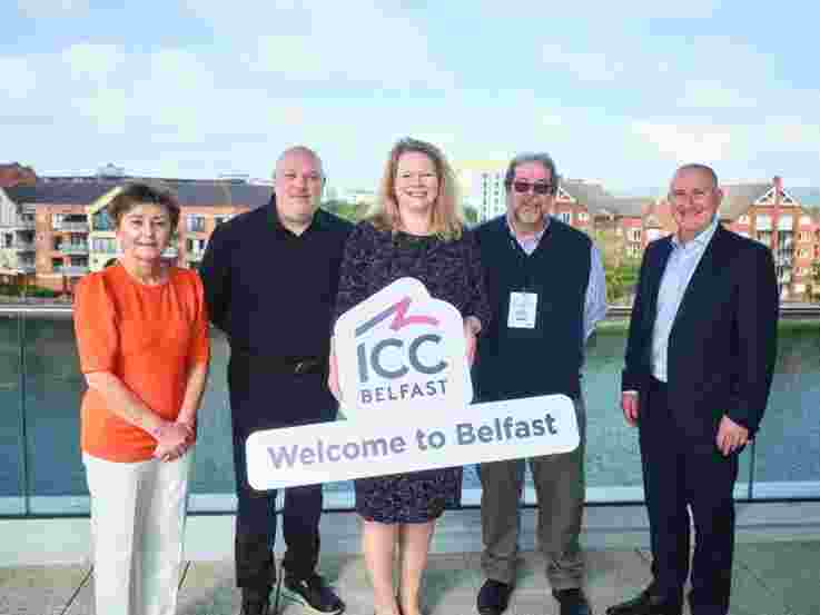 Pictured Left-Right are Joanne Taylor, Business Solutions Officer at Tourism NI, Jon Burton, Chief Executive of IATEFL, Julia Corkey, Chief Executive of ICC Belfast, Gabriel Diaz Maggioli, President of IATEFL and Gerry Lennon, Chief Executive of Visit Belfast.