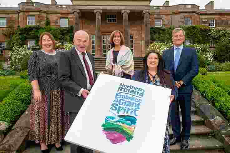 Pictured at Hillsborough Castle and Gardens in Co. Down (Left-Right) are Siobhan McManamy, Acting CEO Tourism Ireland, Tom Jenkins, CEO ETOA, Jennifer Tombaugh, President of Tauck, Naomi Waite, Tourism NI’s Marketing Director and Christopher Brooke, Tourism Ireland Chairman.