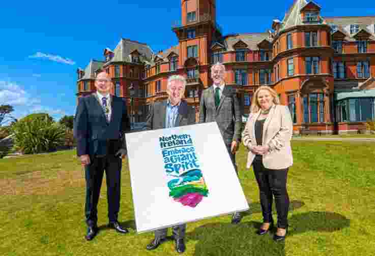 Pictured at the Slieve Donard Resort & Spa in Newcastle Co. Down (L-r) are Cllr Michael Savage, Chairperson of Newry, Mourne and Down District Council, John McGrillen, Chief Executive of Tourism NI, Michael Weston, General Manager of the Slieve Donard Resort & Spa, and Marie Ward, Chief Executive of Newry, Mourne and Down District Council.