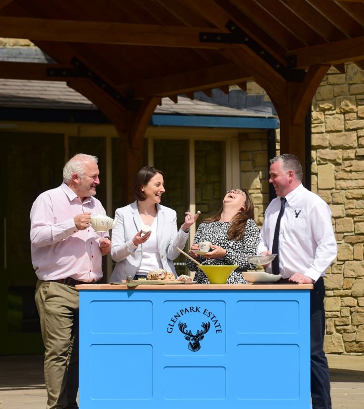 Glenpark Estate owners Selina and Richard Beattie join Sheena Dickson, Landscape & Activities Tourism Manager, Tourism NI, and David McKinley, Architect as they launch new facilities at the park. The project was part funded by Tourism NI Experience Development Programme.