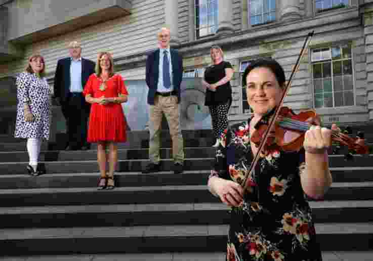 Pictured (Left to Right0) Jackie McCoy Chair BIAF, William Leathem Vice Chair ACNI, Lord Mayor of Belfast Councillor Tina Black, Richard Wakely Director BIAF, Siobhan McGuigan TNI, Joanne Quigley McParland violinist at launch of Belfast International Arts Festival programme.
